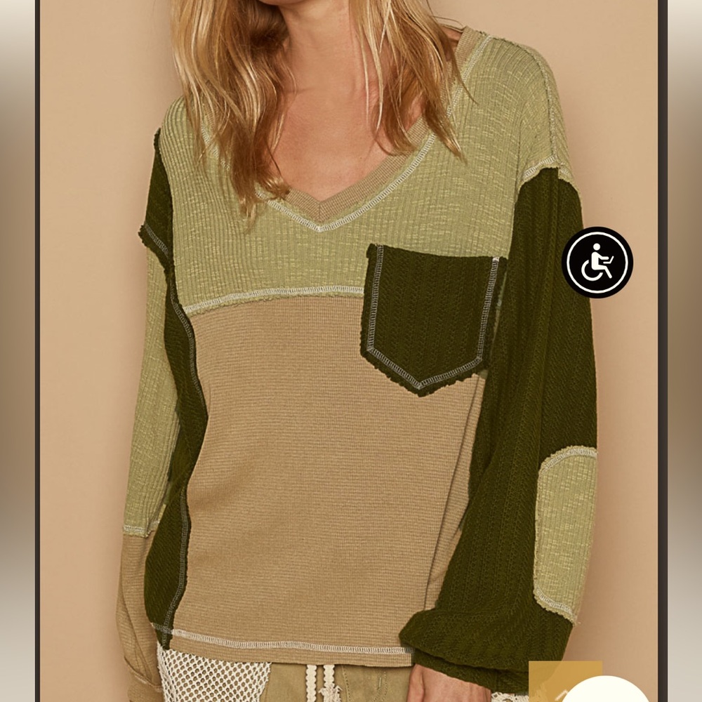 POL Olive and Tan Patchwork Top
